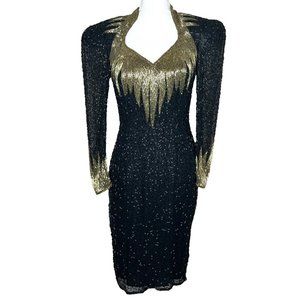 Vintage Lillie Rubin Beaded Knee Length Black & Gold Formal Evening Dress Small